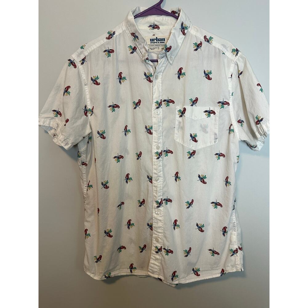 Urban Pipeline Men’s Large Button Up Shirt Parrot Print Tropical Short Sleeve
